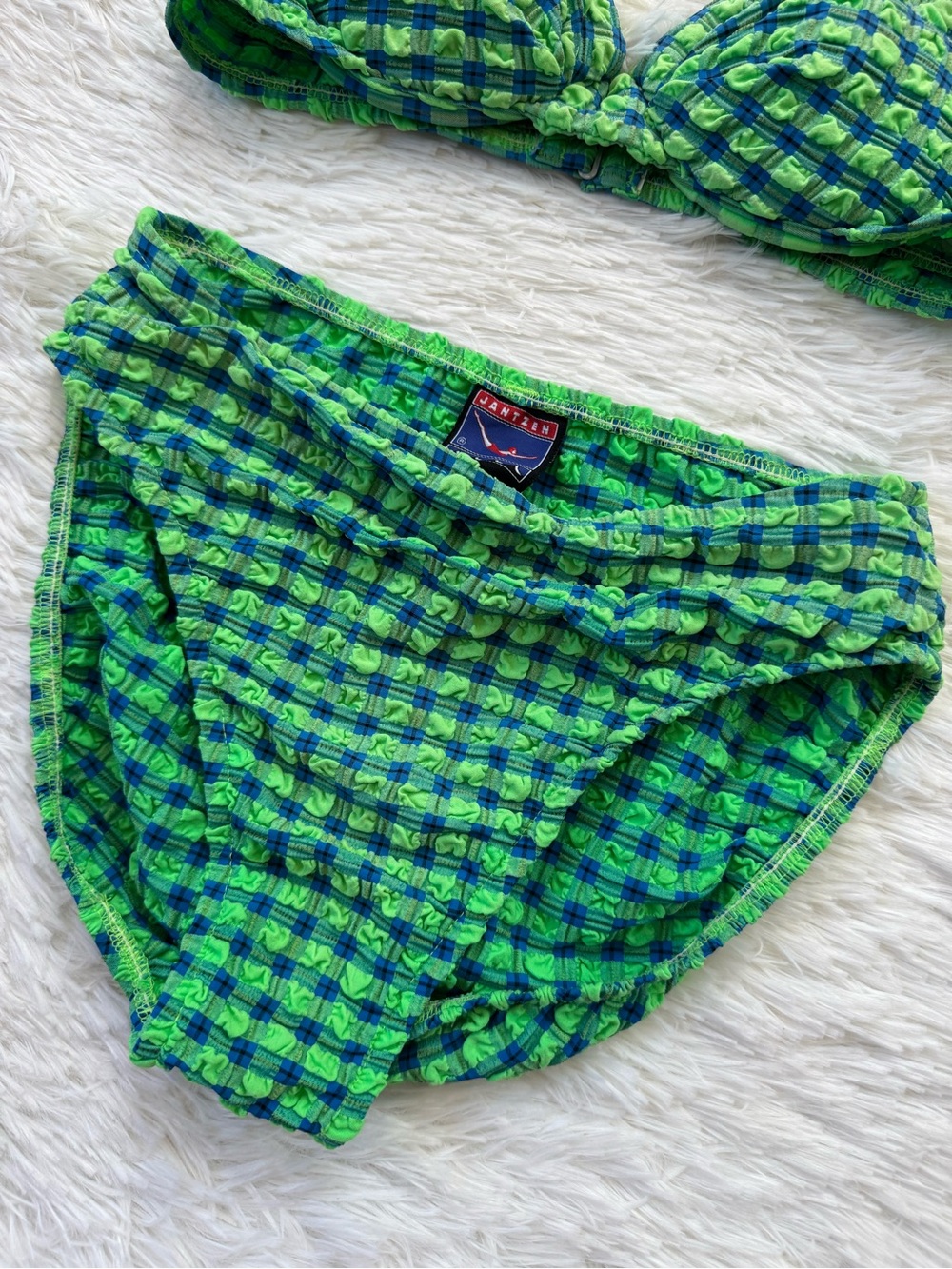 Vintage 90s Jantzen green blue gingham crinkle high cut bikini set medium - Picture 2 of 12
